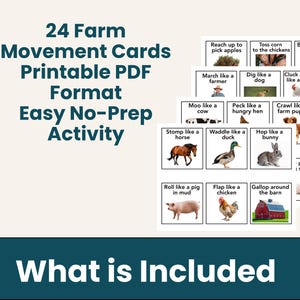 May include: A stack of 24 farm movement cards with illustrations of farm animals and activities. The cards are labeled with phrases like "Moo like a cow" and "Hop like a bunny." Text at the top reads "24 Farm Movement Cards Printable PDF Format Easy No-Prep Activity."