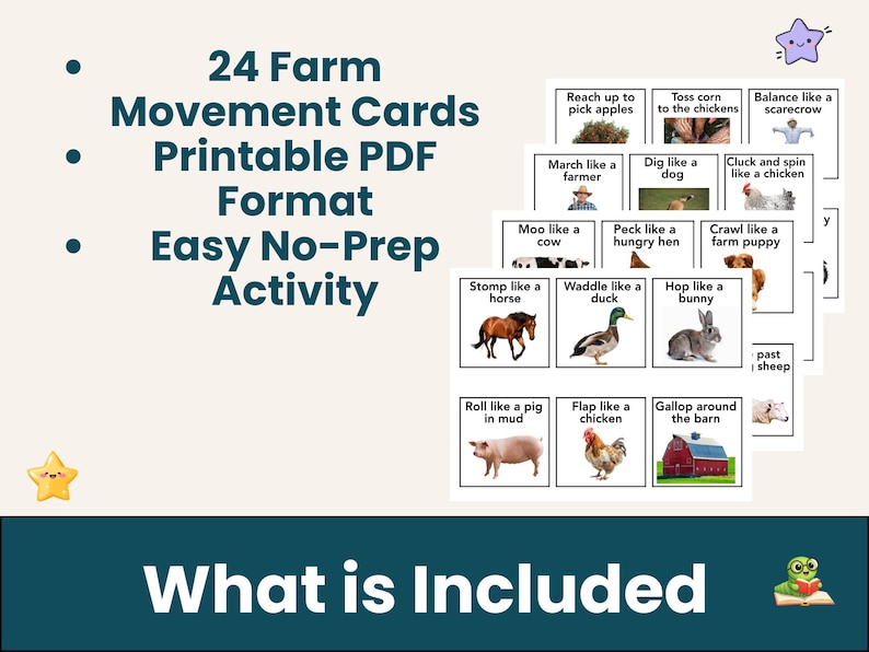 May include: A stack of 24 farm movement cards with illustrations of farm animals and activities. The cards are labeled with phrases like "Moo like a cow" and "Hop like a bunny." Text at the top reads "24 Farm Movement Cards Printable PDF Format Easy No-Prep Activity."