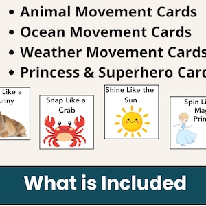 Pode incluir: Cart&otilde;es educativos com temas de animais, oceano, clima e princesas. Cada cart&atilde;o tem uma a&ccedil;&atilde;o, como "Hop Like a Bunny" ou "Shine Like the Sun". A imagem inclui ilustra&ccedil;&otilde;es de coelho, caranguejo, sol e princesa.
