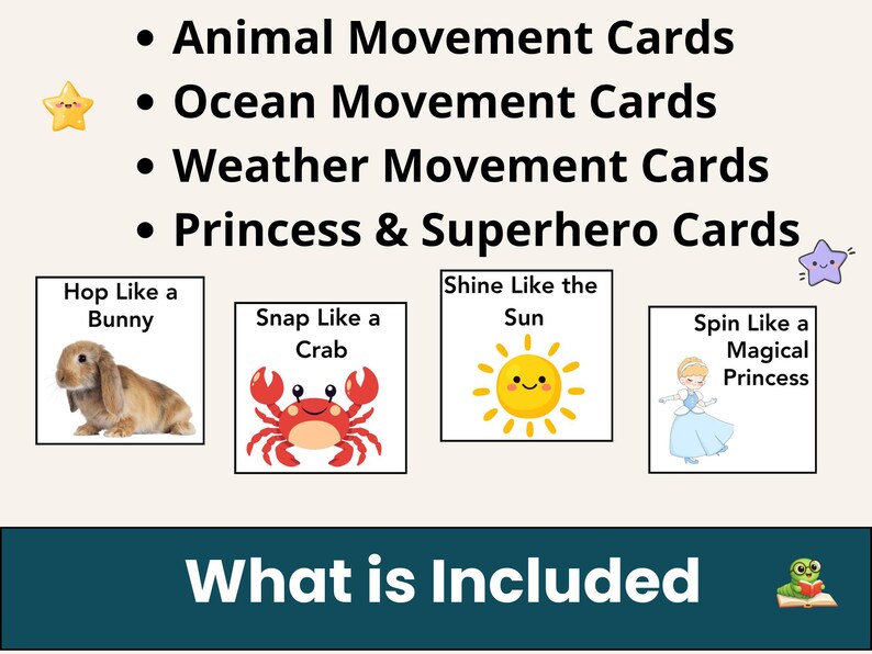 Pode incluir: Cart&otilde;es educativos com temas de animais, oceano, clima e princesas. Cada cart&atilde;o tem uma a&ccedil;&atilde;o, como "Hop Like a Bunny" ou "Shine Like the Sun". A imagem inclui ilustra&ccedil;&otilde;es de coelho, caranguejo, sol e princesa.