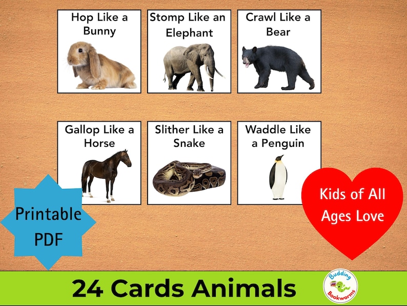 May include: Educational flashcards featuring various animals and actions, including a bunny, elephant, bear, horse, snake, and penguin. The cards are labeled with phrases like "Hop Like a Bunny" and "Waddle Like a Penguin." The image also includes the text "Printable PDF" and "Kids of All Ages Love."