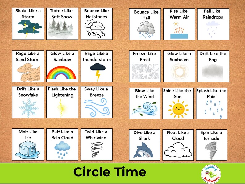 May include: A colorful educational poster with weather-related illustrations and text. Each card features a different weather phenomenon, such as storms, rainbows, and snowflakes. The phrase "Circle Time" is at the bottom.