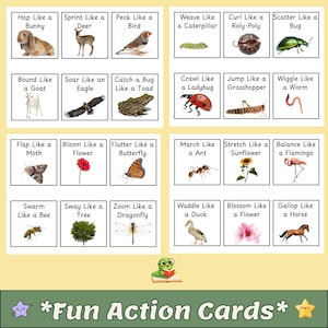 May include: A set of educational cards with animal actions. Each card features an animal and an action, such as "Hop Like a Bunny" or "Wiggle Like a Worm." The cards are arranged in a grid with the text "*Fun Action Cards*" at the bottom.