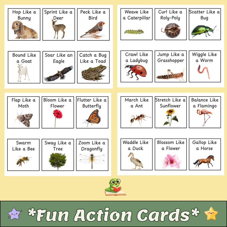 May include: A set of educational cards with animal actions. Each card features an animal and an action, such as "Hop Like a Bunny" or "Wiggle Like a Worm." The cards are arranged in a grid with the text "*Fun Action Cards*" at the bottom.