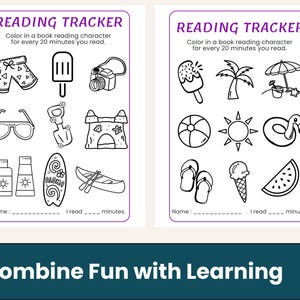 K&ouml;nnte beinhalten: Zwei schwarz-wei&szlig;e Lesetracker-Bl&auml;tter mit Illustrationen zum Thema Sommer. Jedes Blatt enth&auml;lt den Text "READING TRACKER" und fordert dazu auf, eine Figur f&uuml;r alle 20 Leseminuten auszumalen. Enth&auml;lt Bilder von Sonnenbrillen, Eiscreme und einem Strandball.