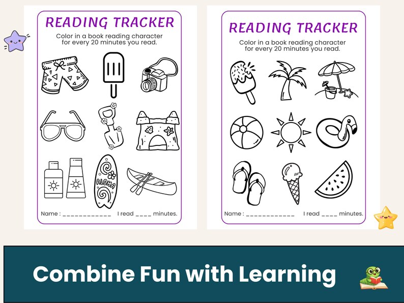K&ouml;nnte beinhalten: Zwei schwarz-wei&szlig;e Lesetracker-Bl&auml;tter mit Illustrationen zum Thema Sommer. Jedes Blatt enth&auml;lt den Text "READING TRACKER" und fordert dazu auf, eine Figur f&uuml;r alle 20 Leseminuten auszumalen. Enth&auml;lt Bilder von Sonnenbrillen, Eiscreme und einem Strandball.