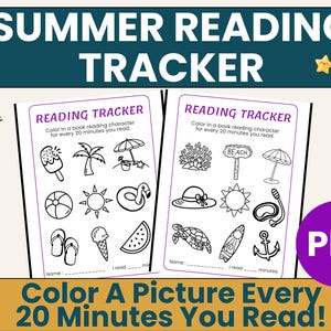K&ouml;nnte beinhalten: Zwei druckbare Sommer-Lesetracker mit Strand-Illustrationen, darunter ein Eis, eine Palme und eine Sonne. Der Text lautet "Summer Reading Tracker" und "Male ein Bild alle 20 Minuten, die du liest!" PDF-Format.