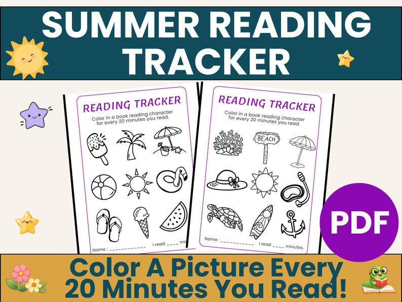 K&ouml;nnte beinhalten: Zwei druckbare Sommer-Lesetracker mit Strand-Illustrationen, darunter ein Eis, eine Palme und eine Sonne. Der Text lautet "Summer Reading Tracker" und "Male ein Bild alle 20 Minuten, die du liest!" PDF-Format.