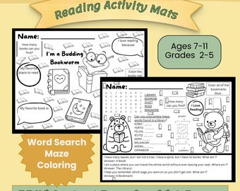 Reading Activity Mats for Kids  Printable Literacy Worksheets  Word Search, Maze, Coloring & Library Skills  Preschool–2nd Grade