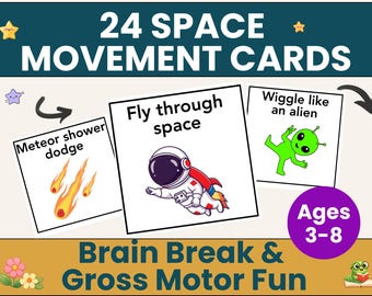 Schede di movimento spaziale per bambini / Attività per pause attive / 24 schede di azioni motorie a tema spaziale / Stampabili per la scuola dell'infanzia e la scuola primaria