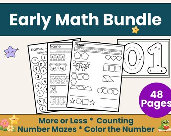 Pacote de Matemática Inicial 0–10 • Folhas de Atividades de Mais ou Menos • Labirintos Numéricos 0–9 • Páginas para Colorir com Números • Educação Infantil e Jardim de Infância