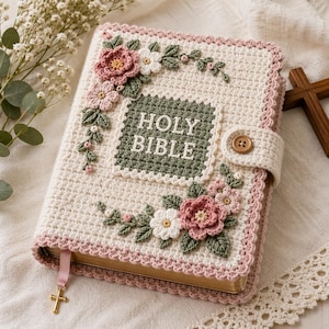 May include: A crocheted Bible cover in cream, adorned with pink and white floral accents and green leaves. The cover features the words "HOLY BIBLE" in a green square, a pink border, and a button closure. A gold cross charm hangs from a pink ribbon.