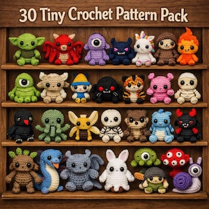 May include: A wooden shelf displays 30 tiny, colorful crochet creatures. The creatures include monsters, animals, and fantasy characters. The text "30 Tiny Crochet Pattern Pack" is at the top of the image.