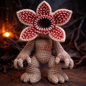 Könnte beinhalten: Handgefertigte Demogorgon-Puppe aus Häkelarbeit, mit einem blütenartigen Kopf mit roten und cremefarbenen Blütenblättern und einem dunklen Zentrum. Die Puppe hat einen beigefarbenen Körper, Arme und Beine mit Krallenfüßen. Verschwommener Hintergrund mit orangefarbenem Licht.