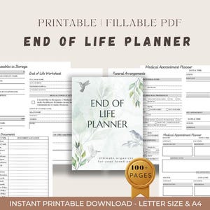 Puede incluir: Un planificador de fin de vida en PDF imprimible y rellenable con una portada de hojas verdes en acuarela, un colibrí y un pájaro. El conjunto incluye páginas para citas médicas, arreglos funerarios y documentos, marcado como 100+ páginas.