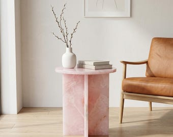 Pink Onyx Round Side Table, Natural Stone Accent Furniture, Modern Living Room Decor
