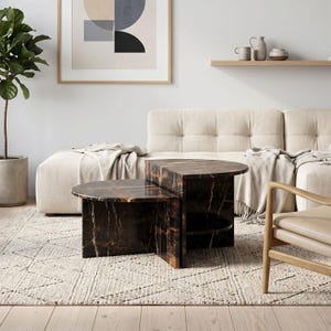 Modern Marble Coffee Table Set, Nesting Stone Coffee Tables, Luxury Marble Living Room Table, Black Marble Center Table