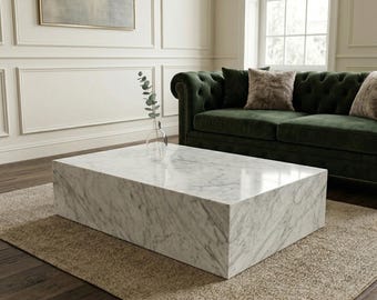 カララ大理石ブロックコーヒーテーブル、ミニマリストホワイトストーンリビングルームテーブル100cm、モダンなインテリア装飾のための豪華な長方形センターテーブル