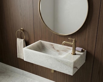 壁掛け式大理石シンク、天然石フローティング洗面器、ミニマリストラグジュアリーバスルーム14インチ、パウダールーム用モダンストーン洗面化粧台