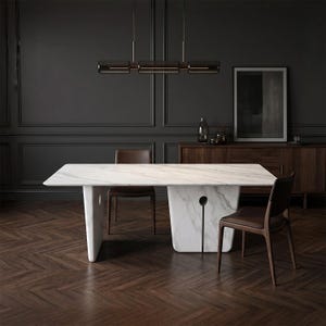 Mesa de comedor moderna de mármol blanco, mesa de piedra de lujo de 200 x 85 cm, base de pedestal escultural, muebles de comedor de mármol contemporáneos.