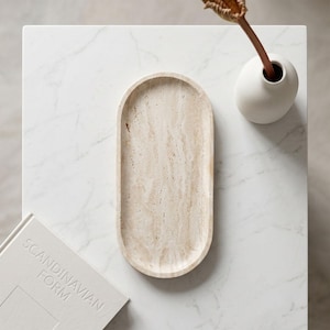 Travertine Oval Tray, Natural Stone Vanity Catchall, Neutral Decor (9.84×4.72×0.71 Inch)