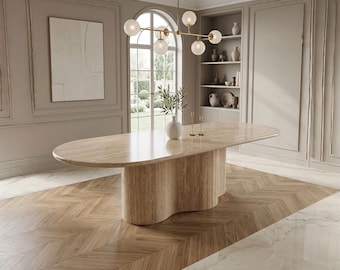 Mesa de comedor moderna de travertino, mesa de comedor de piedra de lujo, mesa ovalada de travertino, muebles minimalistas para el comedor.