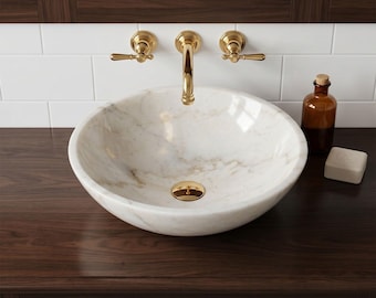 Hand Carved White Marble Round Vessel Sink, Natural Stone Luxury Basin
