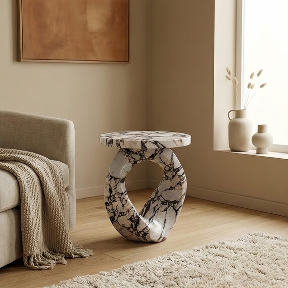 Custom Made  Sculptural Ribbon Marble Side Table, Natural Stone Accent Furniture, Luxury Interior Decor