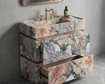 Tocador de mármol Four Seasons de 35,43", mueble de baño de piedra natural de colores, cajones de almacenamiento personalizados.