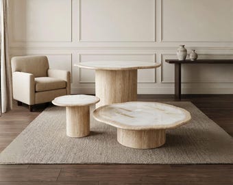 Ensemble de tables basses en travertin, incrustation de jade blanc afghan, design moderne en marbre