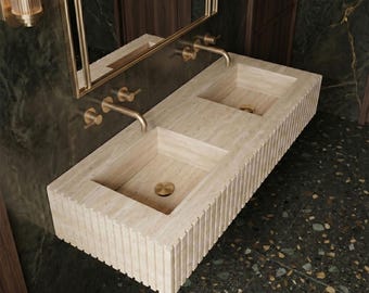 Lavabo mural double en travertin moderne, lavabo cannelé de luxe
