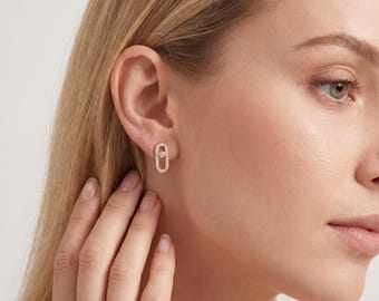 Ovale studs bewegende steen, 18 kt gouden geometrische effenen oorbellen, 925 sterlingzilveren moderne sieraden, unieke glijdende CZ-stekers, luxe cadeau voor haar