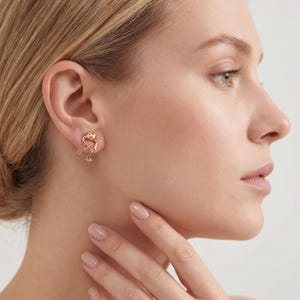Può includere: Orecchini a bottone a forma di rana color oro. Gli orecchini sono indossati sull'orecchio di una persona con i capelli biondi. Il design della rana ha un aspetto dettagliato e tridimensionale, con zampe visibili e un viso sorridente. Gli orecchini sono un accessorio stravagante.