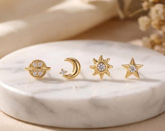 Celestial Stud Earrings, 18K Gold or 925 Sterling Silver, Sun Moon Star Saturn Earrings, Minimalist Crystal Studs, Gift for Her