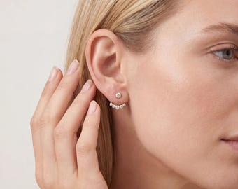 Dainty CZ Ear Jacket Earrings, 14K Gold Crown Stud Earrings, Minimalist Sparkly Front Back Earrings, Delicate Bridal Gift, Gift for Her