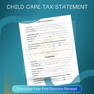 Op de afbeelding: Een wit Child Care Tax Statement formulier met invulvelden voor informatie over de aanbieder en de ouders. Het formulier bevat de tekst "Printable Year End Daycare Receipt" in een blauwe banner.