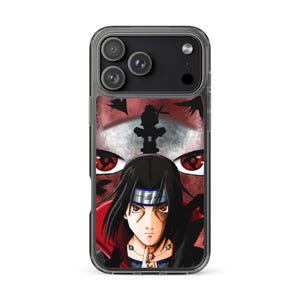 Op de afbeelding: Transparante telefoonhoes met een anime-achtige afbeelding. Het ontwerp toont een personage met zwart haar, rode ogen en een rood-zwarte outfit. De achtergrond heeft een rood-wit ontwerp.