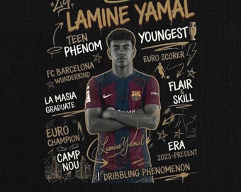 May include: A graphic featuring Lamine Yamal, a soccer player, in a Barcelona jersey. Text includes "Teen Phenom," "Youngest," and "Dribbling Phenomenon." The design incorporates gold accents and a black background.