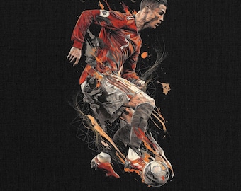 May include: An artistic illustration of Cristiano Ronaldo in a dynamic soccer pose. He is wearing a red jersey and white shorts, with a soccer ball at his feet. The image has a dark background with the name "Cristiano Ronaldo" at the top.