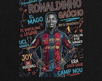May include: A black graphic featuring Ronaldinho Gaúcho, with text including "RONALDINHO GAÚCHO", "EL MAGO", "FC BARCELONA LEGEND", and "UCL WINNER". The image also highlights "JOY & CREATIVITY" and "BALLON D'OR WINNER".
