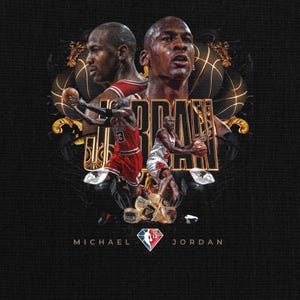 Może przedstawiać: Czarna grafika z Michaelem Jordanem i słowem "JORDAN" w kolorze złotym. Obraz zawiera koszykówki, logo diamentu i tekst "MICHAEL JORDAN". Tło jest czarne.