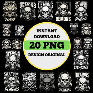 Może przedstawiać: Cyfrowy projekt z wieloma grafikami czaszek ze słuchawkami i sztangami, wraz z tekstem "Sweating Out All My Demons". Centralne koło mówi "Natychmiastowe pobieranie 20 PNG Design Original".