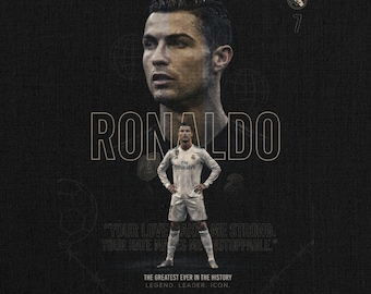 May include: A digital art print featuring Cristiano Ronaldo. The image includes a large portrait of Ronaldo, the name "RONALDO" in bold letters, and a smaller image of Ronaldo in a soccer uniform. Text includes "YOUR LOVE MAKES ME STRONG. YOUR HATE MAKES ME UNSTOPPABLE."
