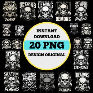 Może przedstawiać: Cyfrowy projekt graficzny do pobrania z wieloma ilustracjami czaszek ze słuchawkami i sztangami. Tekst zawiera "Sweating Out All My Demons", "Instant Download", "20 PNG" i "Design Original". Czaszki są czarno-białe.