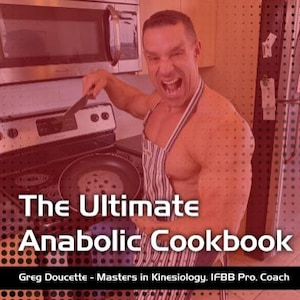 Pode incluir: Imagem de um homem de avental listrado cozinhando com uma panela em um fogão. O texto "The Ultimate Anabolic Cookbook" é exibido, junto com o nome e as credenciais do autor. O homem está segurando uma espátula e parece estar gritando.