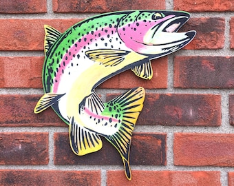 Rainbow Trout Fish, Laser Engraved Birch Wood Wall Art, Hand Colored 12''