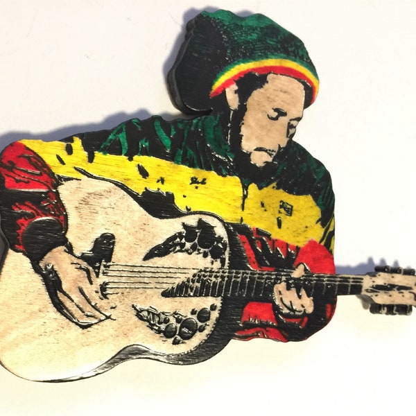 Bob Marley Acoustic Laser Engraved Magnet, Lapel Pin