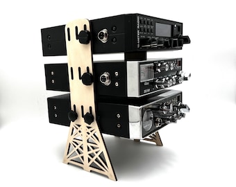 Ham CB Mobile Radio Desktop Stand Set for using your mobile radios on your desktop, holds 3 radios, Tower Style.
