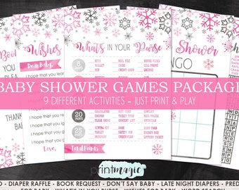 Pink Winter Wonderland Baby Shower Games Kit - 9 Different Games - Winter Bingo, What's In Your Purse, Diaper Raffle, Word Search & More