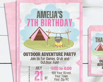 Pink Glamping Birthday Party Invitation - Glamping Invitation - Personalized Camping Invitation + Thank You Tag Design & Invitation Backside